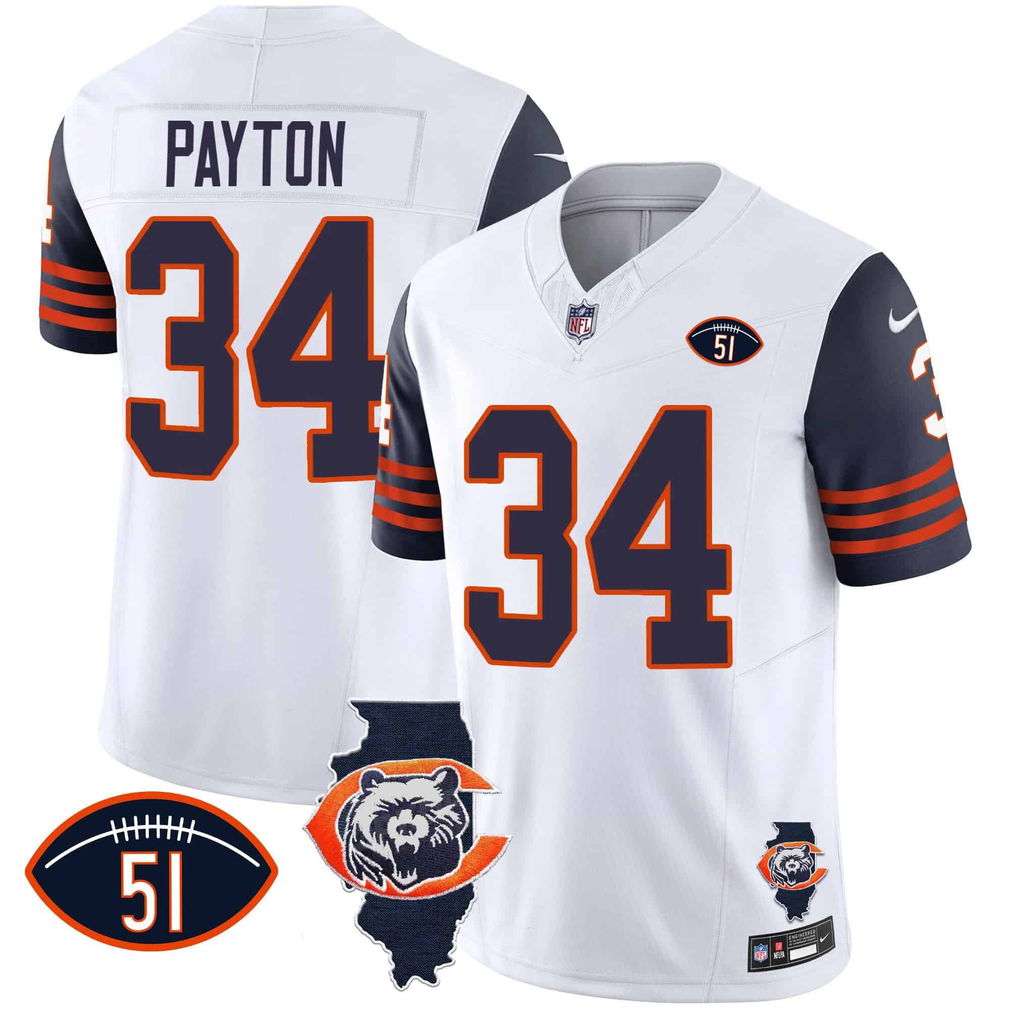 Men Chicago Bears 34 Payton White 2024 Nike Throwback Illinois Patch Vapor NFL Jersey style 1
